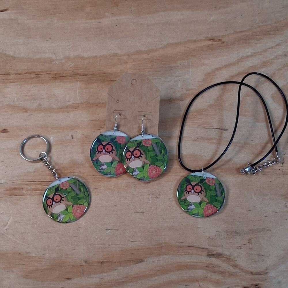 Handmade Hoothoot Jewelry Set Earrings Necklace Keychain Set Round Resin